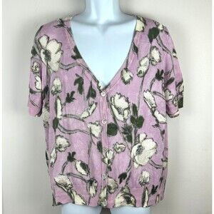 Talbots Cotton Blend Pink Floral Beaded Short Sleeve Cardigan Sweater Size 1X